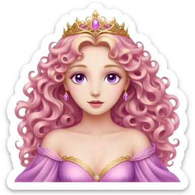 Cinematic Stunning Aurora Portrait Emoji, Ethereal in her flowing pink gown, golden curls shimmering, soft violet eyes filled with serenity, an enchanting glow surrounding her, capturing the beauty of a princess lost in a dream! sticker