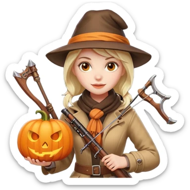 female human monster hunter emoji, wearing brown coat and hat, holding crossbow, soft smile, scarf, glowing pumpkin by her side, Halloween fantasy style, clean vector Apple emoji look, bright colors, white background, square sticker