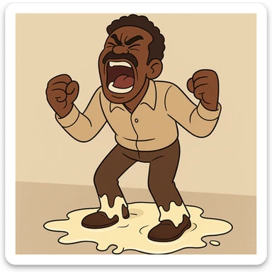 a black man screaming, standing over a pool of glue, expressive cartoon style sticker