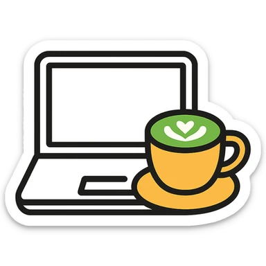 a MacBook and a matcha latte, minimal flat icon style sticker