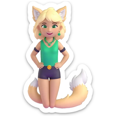 furry girl with wolf ears and tail, short blonde hair, emerald green eyes, soft skin, smiling sticker