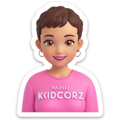 Lightskin girl with a pixie cut
pink blouse
hazel eyes
expression is smiling
Add the word Kidcore Creationz in Pink sticker