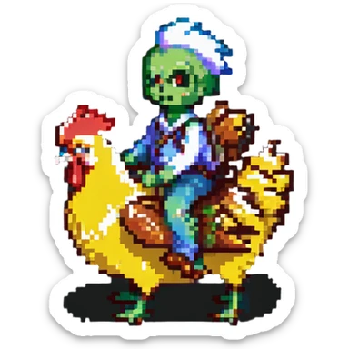 chicken jockey, a small zombie riding a chicken, pixel art style sticker