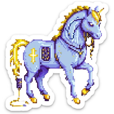 A yellow electric horse in pixel art style, made of electricity and lightning, with visible yellow wires, bolts shooting from its body as it runs. sticker