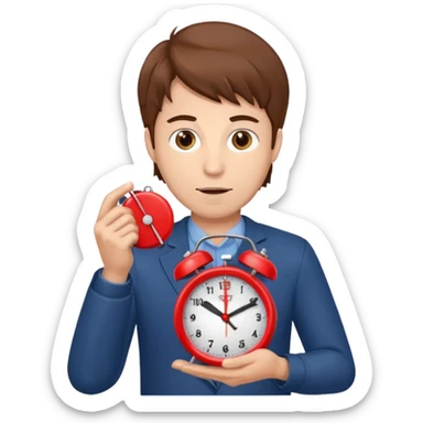 A man with brown hair holding a red alarm clock sticker