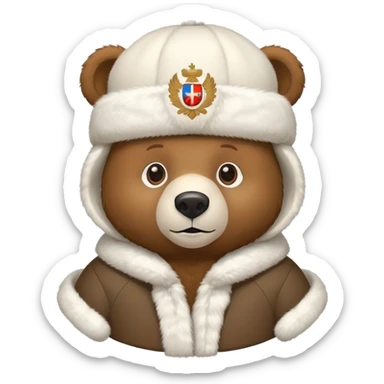 Cute brown bear in white fur ushanka hat with centered Russian coat of arms, front view, iOS emoji style sticker