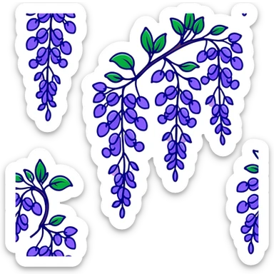 Decorative wisteria flower with elegant drooping clusters of purple blossoms and small bright green leaves sticker