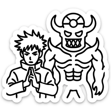 Add Megumi Fushiguro in a summoning pose next to Mahoraga as an outlined icon with bold lines and no fill, both characters visible. sticker