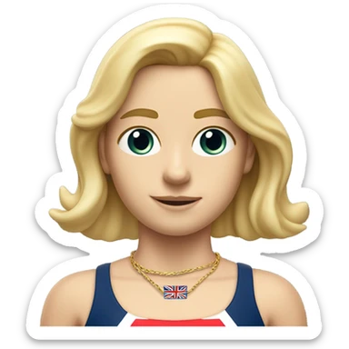 A girl with long blonde hair with wide shoulders wearing a Great Britain rowing swimming suit and has small muscles and add a necklace that has a sea shell pendant on it. She must have a  necklace around the neck and the pendant is on her chest sticker
