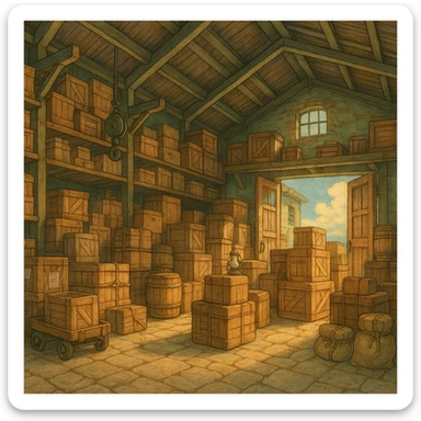cargo warehouse, ghibli-inspired illustration style sticker