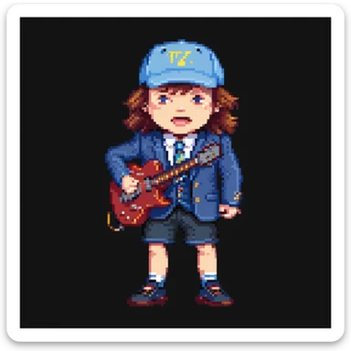 Angus Young in school uniform, blue blazer, shorts, and cap, rocking out, pixel art style sticker