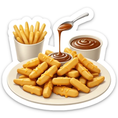 cheese curds with gravy on fries in a white plate sticker