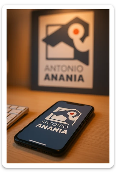 A photo of an iPhone on the desk with the logo of "Antonio Anania" on its screen, The phone sits atop a desk with a blurred with the logo in the background that suggests work environment. A faint glow from above casts gentle shadows across the surface of each object, creating depth and highlighting their textures sticker