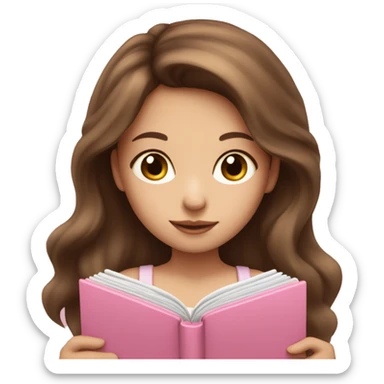 fair-skinned girl with long brown hair holding a baby-pink-colored book sticker