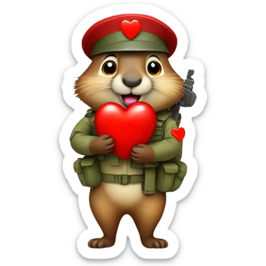 a cute soldier marmot hugging a red heart with love and passion being very happy sticker