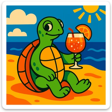 turtle sitting on the beach and drinking aperol spritz, vibrant and playful style sticker