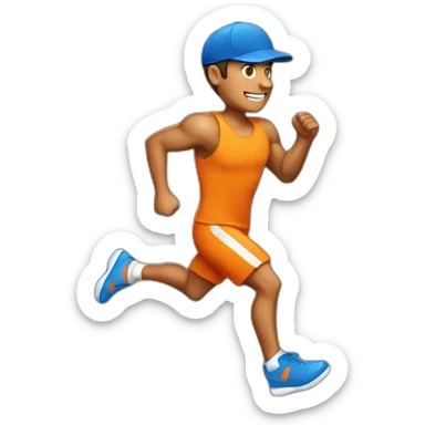 tanned man running with withe and blue shoes and orange cap sticker