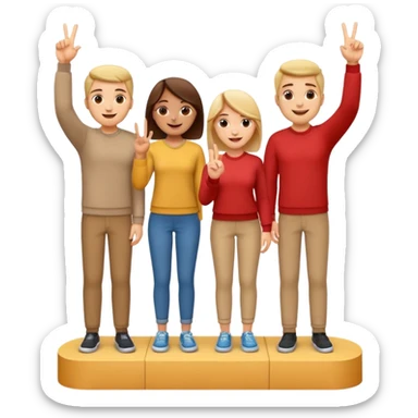 winners’ podium with three people no numbers, all in relaxed casual clothes, center person raises one finger on each hand, cheerful expressive friendly emoji style sticker