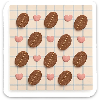 coffee bean pattern grid paper background with small hearts, soft pastel style, transparent background sticker