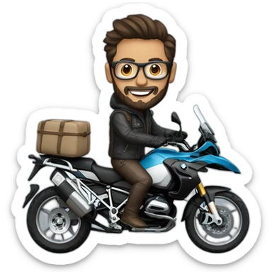 Francisco-Javier-Sans-Sánchez with beard and glasses, riding a BMW-R-1200-GS,waving sticker