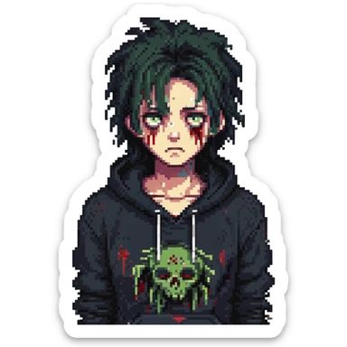 zombie with black messy hairstyle, tired face, bruises under the eyes, black hoodie sticker