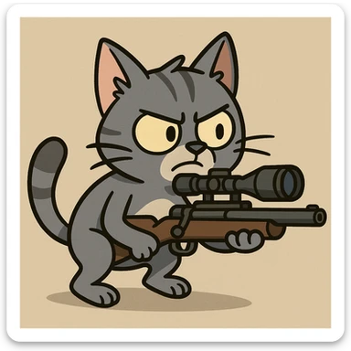 cartoonish small grey cat aiming a sniper rifle, exaggerated proportions sticker