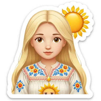 Ukrainian young girl with blonde hair wearing traditional vyshyvanka embroidered shirt holding a bright sun sticker