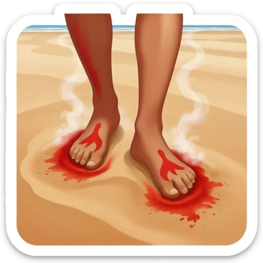 bare foot stepping on extremely hot beach sand with red pain marks and steam rising from the sand sticker