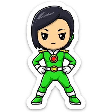 wasian girl in a green Power Ranger suit, black straight hair, black eyes sticker