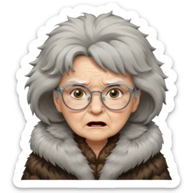 old woman with glasses angry wearing big furcoat sticker