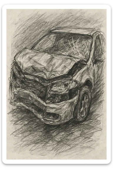 hand-drawn sketch of a badly damaged car, rough lines, crumpled hood, shattered glass sticker