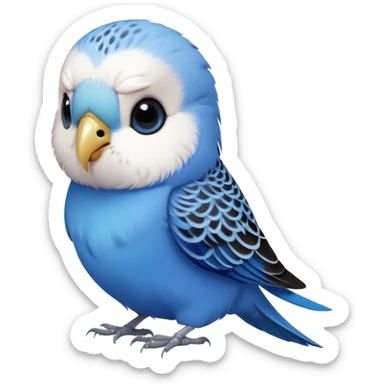 cinematic-cute-blue-budgie-portrait-emoji,-head-tilted-playfully-and-inquisitively,-featuring-a-brilliant-blue-feathered-fur-and white and black feathered face-with-a-natural-sheen,-round,-sparkling-dark-eyes-filled-with-curiosity,-simplified-yet-irresistibly-adorable sticker