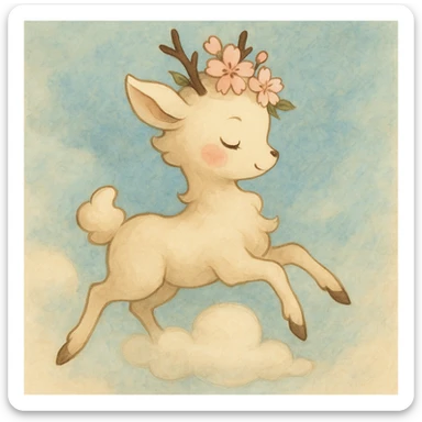 Refine the vanilla cloud doe with rosy cheeks and a cherry blossom crown to float gracefully, not facing front. Enhance its suitability as a brand identity mascot for social media with a soft and whimsical style. The pose and expression should convey magical, graceful floating energy, avoiding any front-facing view. sticker