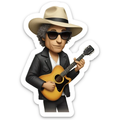 bob dylan with sunglases and guitar sticker