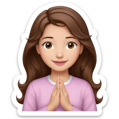girl with wavy long brown hair, brown eyes, light to medium complexion, long lashes, light pink lipstick, praying, smiling, wearing light pink shirt sticker
