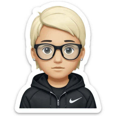 un emoji de un chico emcapuchado blanco con luzes negras e rubias, com uma chaqueta negra nike tech y unas gafas de oakley, con pendientes de diamante, que las gafas sean estilo cuadradas, los pendientes q no se cuelguen, que sean redondos, en las dos cejas un corte, que las gafas no sean circulares sticker