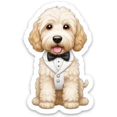 Goldendoodle with a white tux sticker