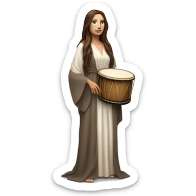 White woman standing with long flowing robes and long brown hair holding a bodrun drum sticker