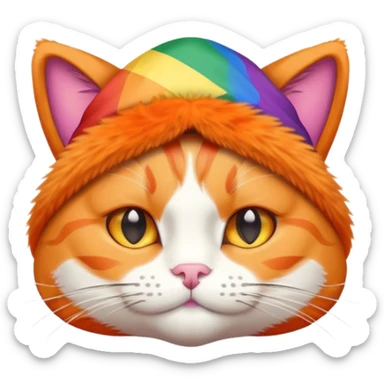 Heartbroken orange cat wearing a pride flag hat sticker