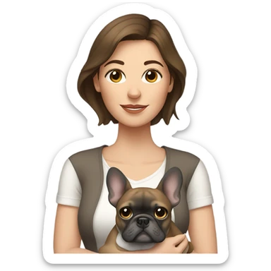 Woman with brown hair holding a gray French bulldog sticker
