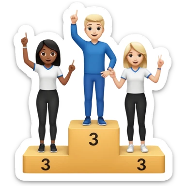 three casually dressed people black and white on a winners podium with no numbers middle step higher each on their step center person holds up one finger on each hand fun expressive cheerful emoji style sticker