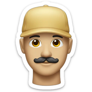 shaved head in five-panel cap with bristle and mustache sticker