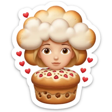 Apple-style emoji illustration of a person with dreamy eyes, and avobe them a thinking cloud with a traditionmal panettone inside, small hearts floating around, soft 3D emoji style, smooth gradients, rounded shapes, warm festive colors, simple expression. sticker