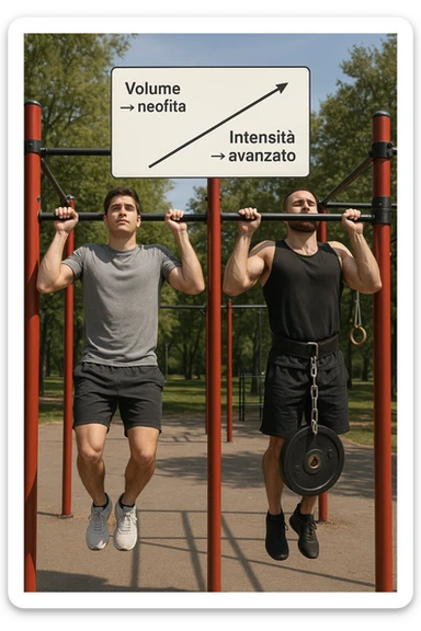 Due atleti fianco a fianco in un parco attrezzato: a sinistra il neofita che fa 10 trazioni leggere con concentrazione, a destra l’atleta avanzato con cintura zavorrata che fa 3 ripetizioni lente e pesanti. Tra loro, grafico sospeso in aria che mostra: 'Volume → neofita | Intensità → avanzato'. Stile realistico con elementi educativi visivi in italiano sticker