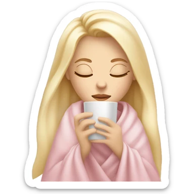 Blonde girl inside a light pink blancket sipping coffe eyes closed sticker