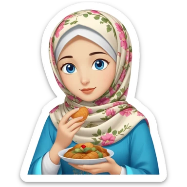 Turkish beautiful finish Konya girl blue eyes with floral hijab islamic dress and she’s savouring delicious food face sticker