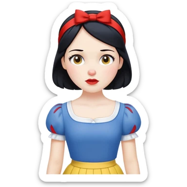 ultra simplified Snow White, blue top with yellow skirt, black hair with red headband, very minimal details, slightly zoomed out sticker