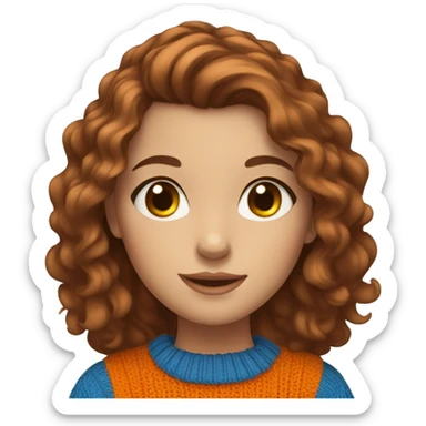 Beautiful girl with brown wavy hair, blue eyes, wearing orange sweater sticker