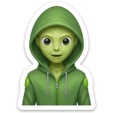 green alien in gray hoodie full height, wear hoodie hat, happy sticker