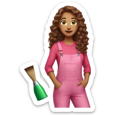 A woman with long brown curly hair, green eyes, wearing a pink overall and a paint brush with colorful paint sticker